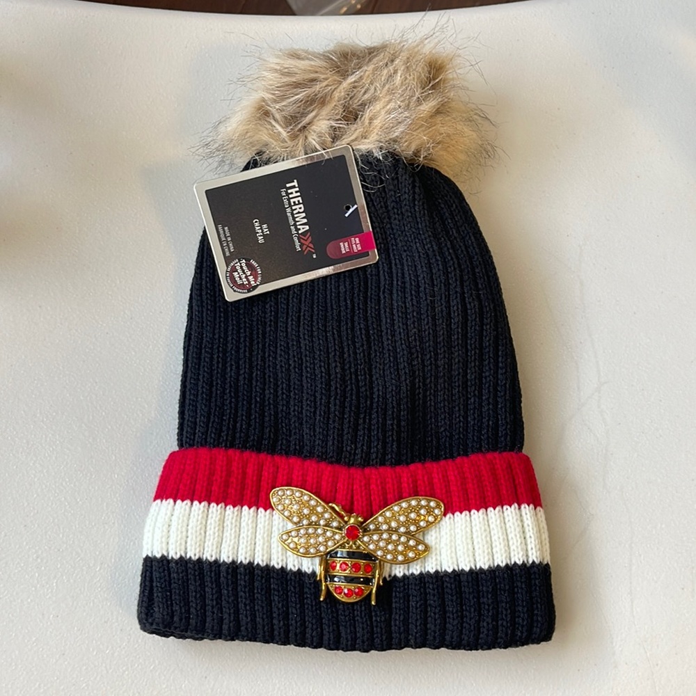 Knit ribbed black striped Pom Pom faux fur beanie hat